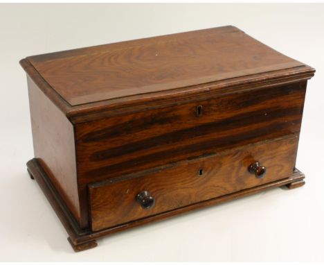A 19th century table-top mule chest, hinged cover, drawer to base, turned handles, shallow bracket feet, 37cm wide