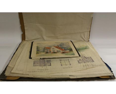 An interesting folio of architectural drawings, plans and elevations, various media, watercolour, pencil, etc