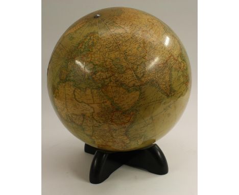 A 12" library globe, by George Phillip &amp; Son Ltd for Georama Ltd, ebonised X-frame stand, 35cm high, 