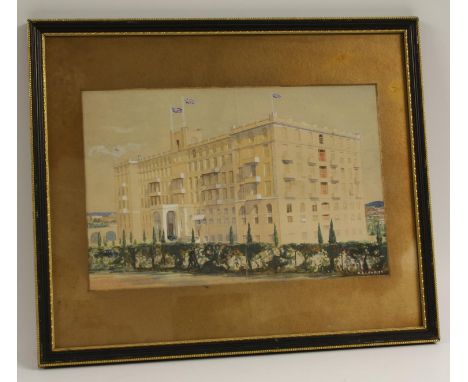 An early 20th century architects prespective, of a Colonial Art Deco hotel proposed for a coastal resort in the British Empir
