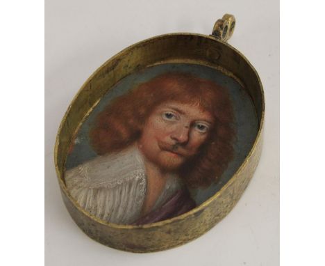 English School (17th century), a portrait miniature, of a Gentleman with red hair, oil on copper, 5cm x 3.5cm, brass case fra