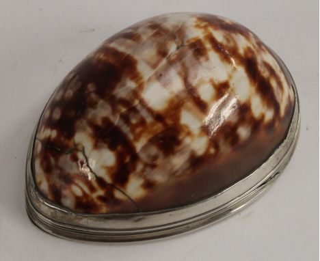 An 18th century silver coloured metal mounted cowrie shell snuff box, possibly Scottish Provincial, flush-hinged cover engrav