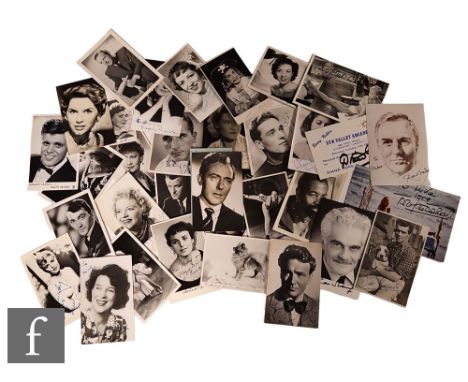 A collection of signed photographs and postcards, to include Brigitte Bardot, Dirk Bogarde, Julie Andrews, Diana Dors, Robert