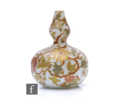 A late 19th Century Stevens and Williams glass air trap vase, circa 1885, of double gourd form, with internal opal foliate pa