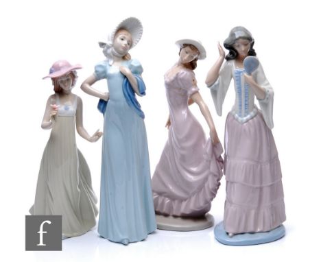 A group of 20th Century Lladro Nao figures to comprise, Lady with Mirror, Gentle Breeze, model 1158, Lady in Bonnet, model nu