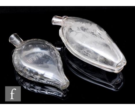 A 19th Century double gimmel flask circa 1850, the compressed tear form twin bottle with opposing angular collar necks, decor