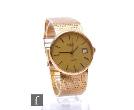 A gentleman's 9ct hallmarked Rotary quartz wrist watch with batons and date facility to a circular champagne dial, case diame
