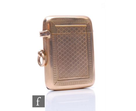 A 9ct hallmarked cushioned rectangular vesta case, weight 27g, with engine turned decoration, London 1920. 