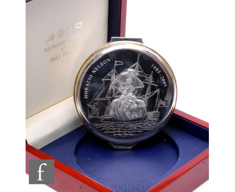 A hallmarked silver circular box to commemorate the two hundred years since The Battle of Trafalgar embossed with a portrait 
