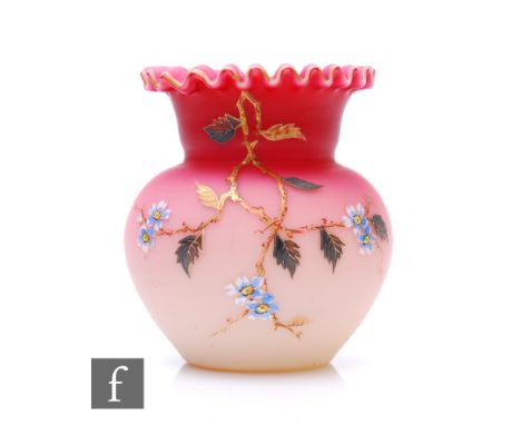 A late 19th Century peachblow glass vase of low shouldered form with collar neck and frill rim,&nbsp;cased in a dye away pink