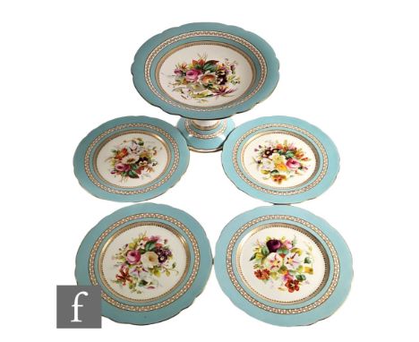 A 19th Century Staffordshire part dessert service comprising tall comport and four matched plates, all hand painted to the ce