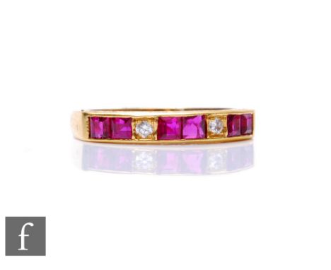 An 18ct hallmarked ruby and diamond half eternity ring, three pairs of square cut rubies spaced by two diamonds, weight 3g, r