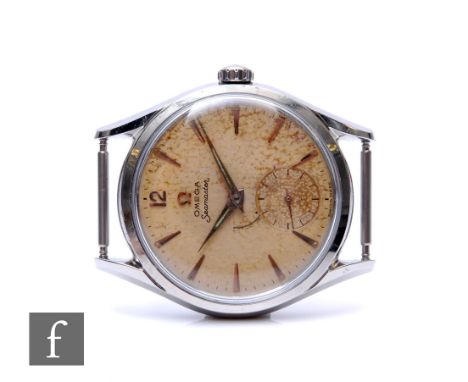 A mid 20th Century gentleman's stainless steel manual wind Omega Seamaster wrist watch, silvered batons to a circular dial, c