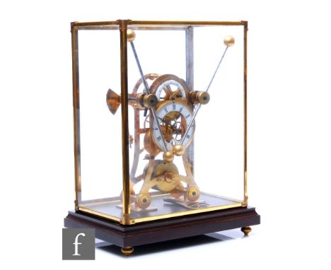 A late 20th Century Congreave style brass ball and bar operated clock, single fusee movement with key, on mahogany plinth bas