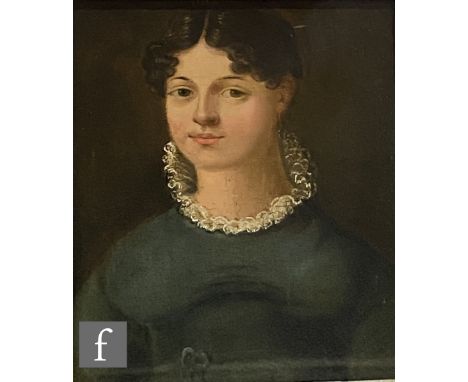ENGLISH SCHOOL (EARLY 19TH CENTURY) - 'Portrait of a young lady wearing a green dress with lace collar', half length, oil on 