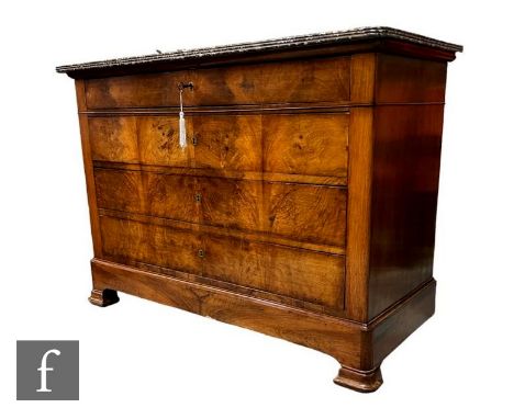 A 19th Century French flame mahogany veneered commode chest, the variegated grey marble top above a compartmental frieze draw