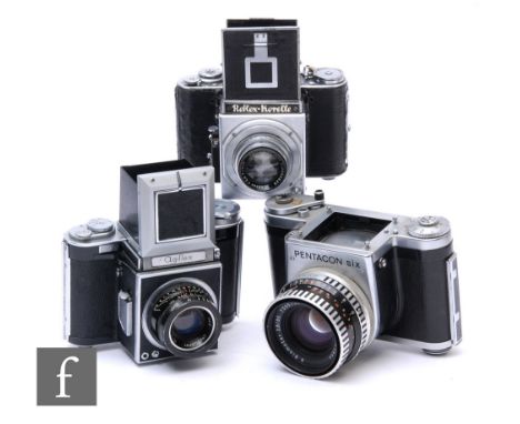 A collection of medium format cameras, to include a Pentacon Six (lacking metering prism), an Agilux Agiflex and a Reflex-Kor