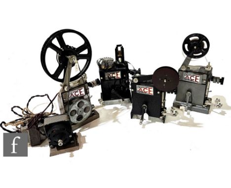 Four 1930s Pathescope ACE 9.5mm film projectors, one projector with a motor. (4) 