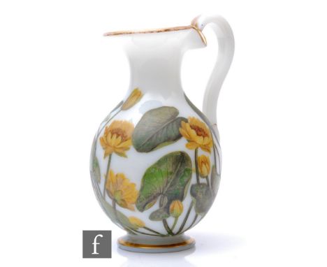 A 19th Century Richardsons alabaster glass jug of footed ovoid form with applied scroll handle, vitrified enamel decorated wi