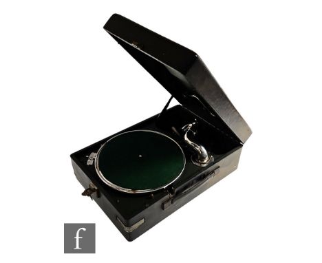 An HMV model 102 table top cased gramophone, internally green with black outer case, width 28cm. 