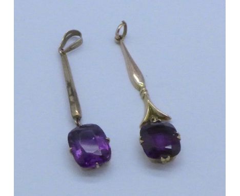 Two 9ct gold and amethyst pendants, 2.5g