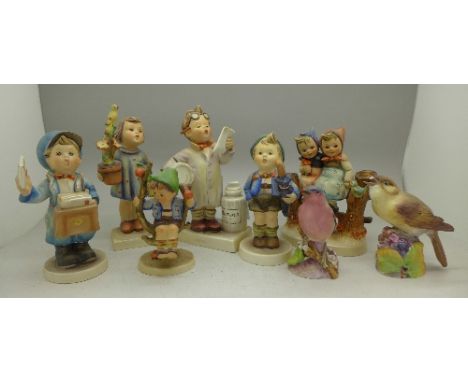 Six Hummel figures, three a/f, two Royal Worcester birds, one a/f