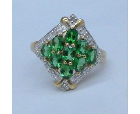 A 9ct gold, green and white stone cluster ring, 3.2g, O