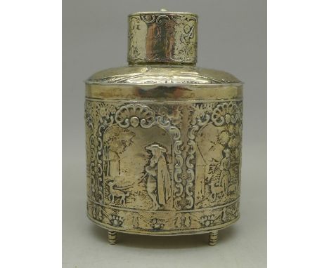 A Dutch white metal tea caddy, unmarked