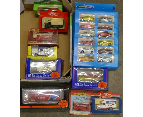 A collection of model vehicles including a box of twelve Chad Valley