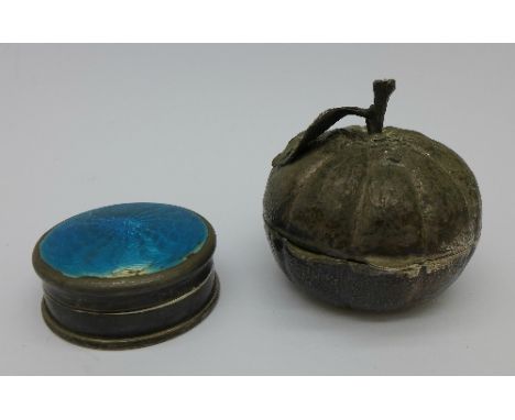 A silver and enamel box, enamel a/f, and a silver fruit shaped trinket pot