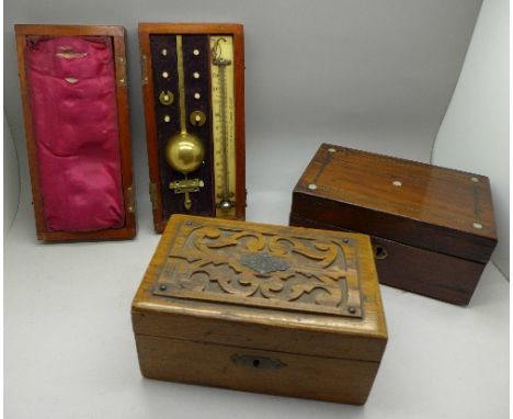 A Sikes' Hydrometer, cased, hinge a/f, and two boxes