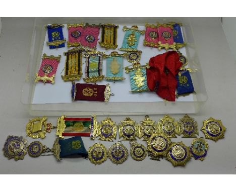 A large collection of silver and enamel lodge medals, over 300g silver weight