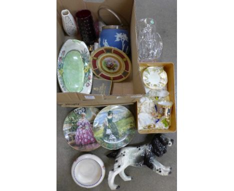 Decorative china including a Jasperware biscuit barrel, Poole, a lustre dish, and a Stuart glass jug, etc.