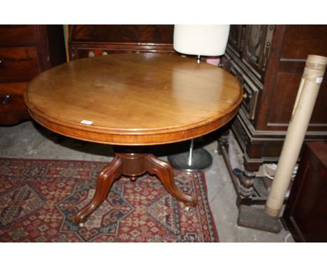 A Victorian Mahogany circular snap-top Breakfast Table with moulded edge top, on a turned pedestal base with three swept moul