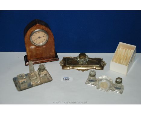 A small mantle Clock, standishes a/f and a box of quills
