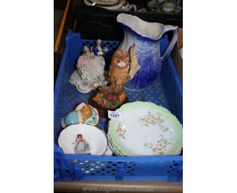 A quantity of china including blue wheat jug, miscellaneous plates, Pendelfin rabbit 'Snuggles', owl on a branch, miscellaneo