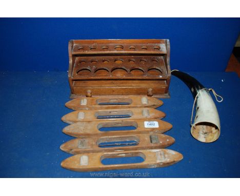 A quantity of miscellanea including pipe rack, five weaving shuttles, etc.