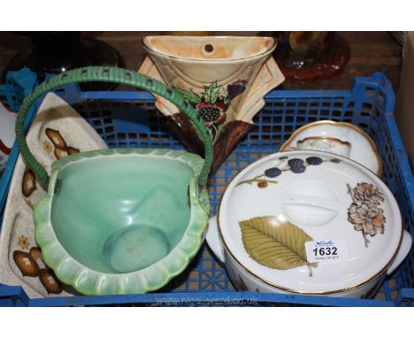 A quantity of china including three compartment Palissy serving tray, Burleigh ware ceramic basket, Kensington wall pocket, c