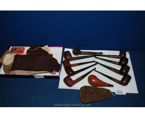 Ten tobacco Pipes, all wooden bowls including one in leather cladding, with filters and absorbants for the Dadson Dry smoke P