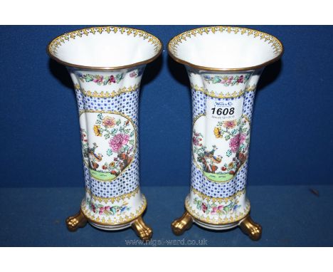 A pair of fine Antique Copeland Spode peacock pattern Trumpet Vases with gilded feet, circa 1904