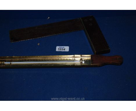 A Brass, Mahogany and steel Set Square and a 1930's Brass Thermometer