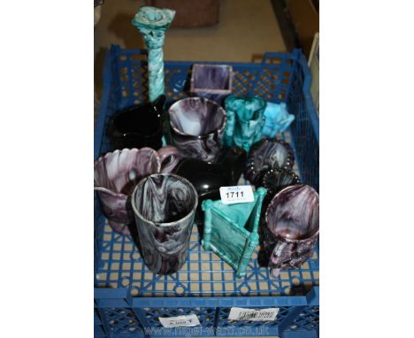 A quantity of slag Glass including Candlestick, small jugs, small vases, etc.