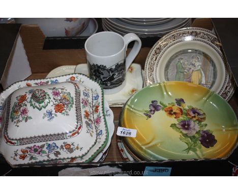 A box of china including Copeland Spode lidded Dish along with various plates, oriental style and a large mug