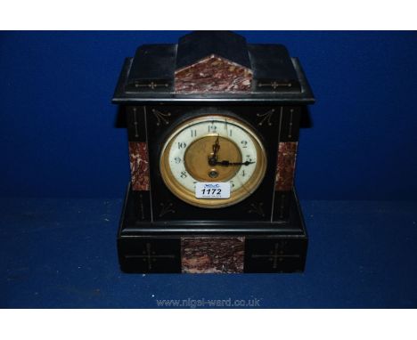 A Victorian slate and Marble architectural Mantle Clock with white, Arabic numeral face and 30 hour movement, glass a/f, 8 3/