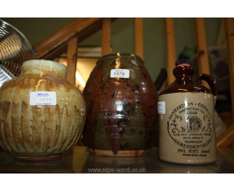 Two pottery Vases and a Dunkerton Cider Flask