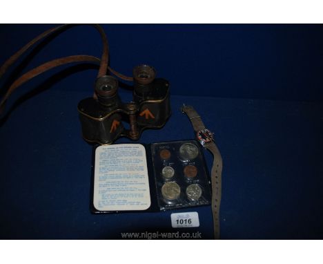 A pair of old Military Binoculars, a Timex Wristwatch and a set of New Zealand decimal coins 1967