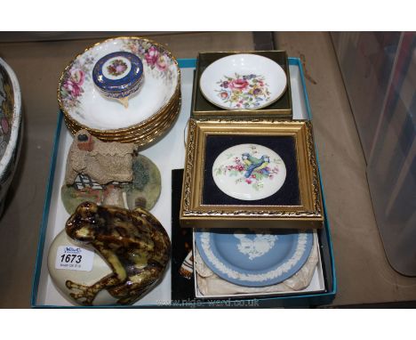 Six Royal Albert 'Autumn Roses' bowls, Castleham cottage, Potting Shed frog on egg, Limoges lidded trinket box, various boxed