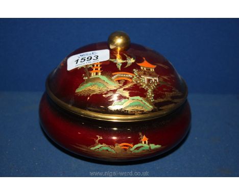 A Carltonware red ground, "Rouge Royale"  Powder Bowl with oriental decoration