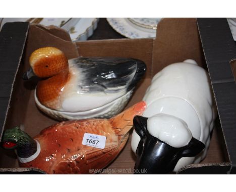 A Carltonware sheep shaped jar, a Michel Caugant French pheasant shaped Terrine and a duck shaped Terrine