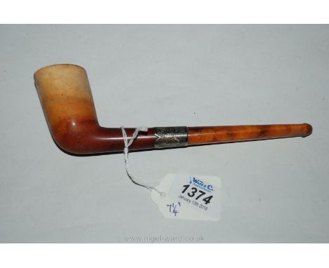 An antique Pipe with hallmarked silver band and amber coloured mouthpiece, 7 1/4" long